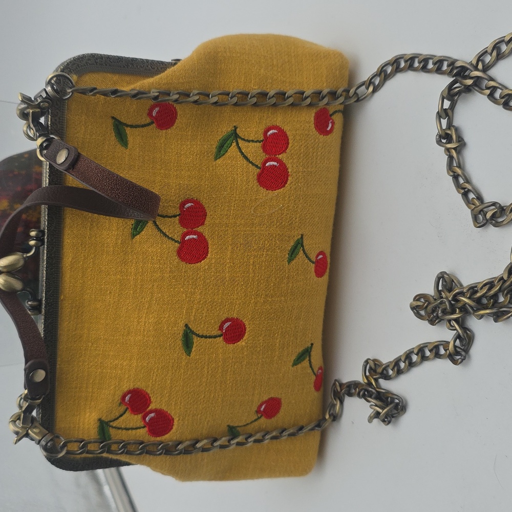 Cute Yellow Kiss Lock Bag With Embossed Cherries